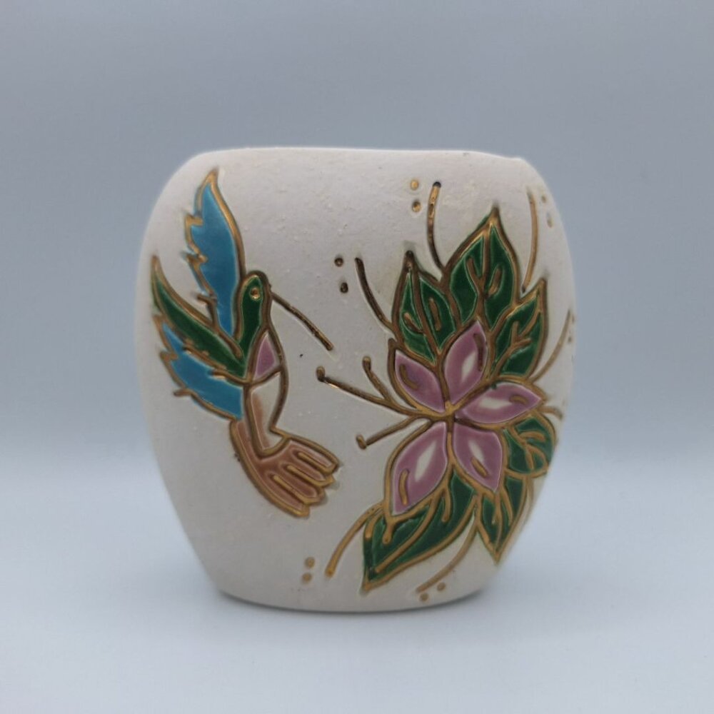 Hummingbird Pottery Vase Small Flower Gold Glaze Signed Art Hummer USA Nix Fly